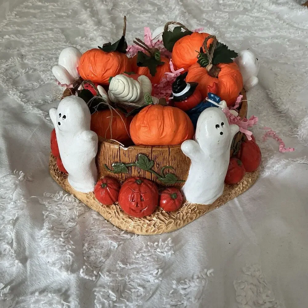 Halloween Ghost Pumpkin Centerpiece Bowl 8”Ceramic With Pumpkins & Monsters